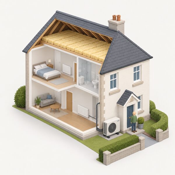 A Scottish domestic home shown in cutaway with an air source heat pump unit on an outside wall connected to indoor heating, and thick insulation laid across the loft floor, a small owner-occupier figure standing at the front door.