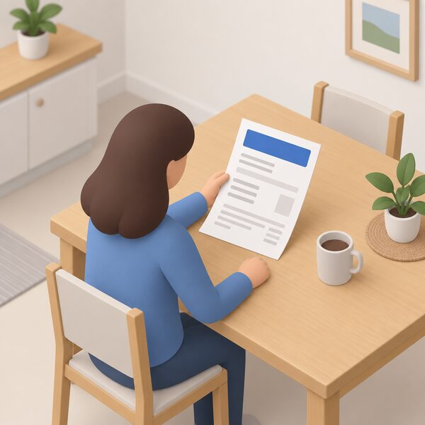 A paper energy bill lying on a household table, held at one corner by a simplified isometric consumer figure, with the supplier's company name shown as a plain colour band at the top of the bill so the account holder can check it before complaining.