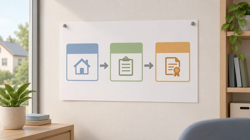 A printed flow diagram sheet pinned to a wall, drawn as a physical object with three plain colour-banded boxes connected by arrows in sequence, each box shown only as blank blocks with a small simplified icon: a house outline for planning, a clipboard for building control sign-off, and a certificate sheet for scheme certification.