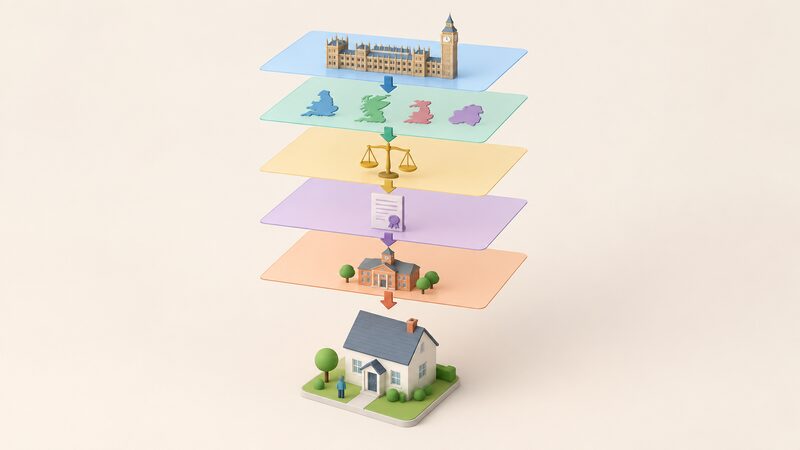 A layered diagram drawn as stacked translucent planes above a single small house, with a top plane for UK Government reserved energy policy, a second for devolved building rules, a third for market regulation, a fourth for certification bodies and a fifth for local authorities, each connected by plain arrows down to the house.