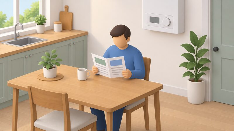 A simplified isometric figure sits at a kitchen table reading an advice leaflet shown as a physical sheet with blank lines and plain colour blocks, while a wall-mounted boiler control panel with a plain dial and blank display is visible on the wall behind.