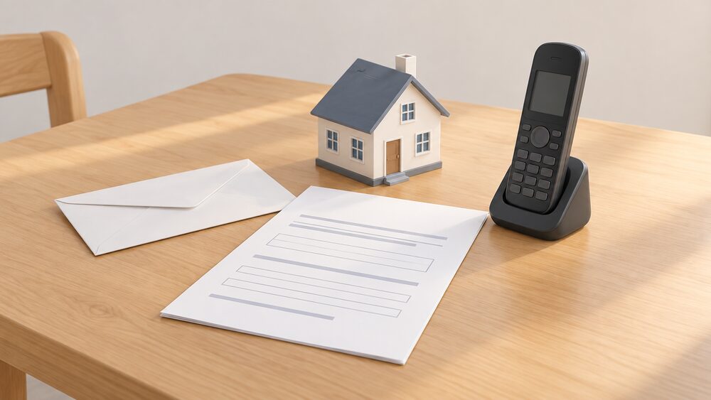 A kitchen table in daylight with a blank application form and a plain envelope beside a cordless home telephone resting on the table, and a small model of a house standing next to the paperwork, with nothing else in the scene.