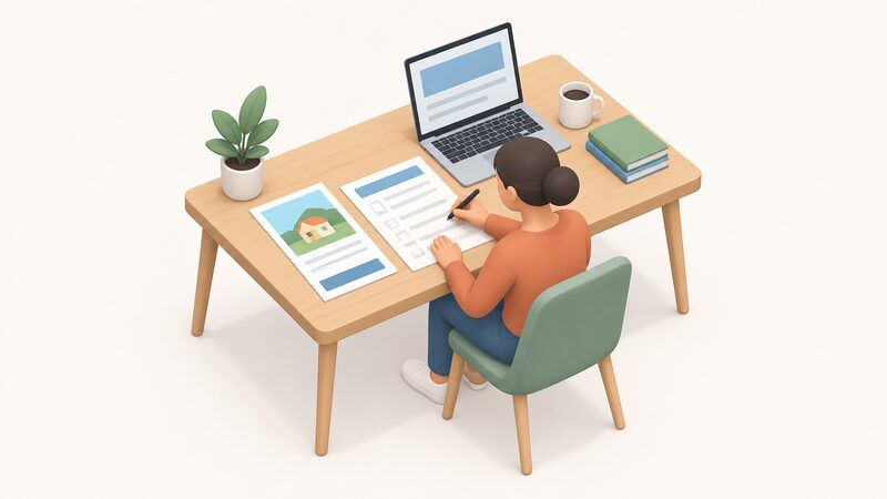 A desk scene showing a Home Energy Scotland advice leaflet and a completed grant application form lying beside an open laptop, with a simplified isometric figure seated at the desk filling in the form, illustrating the referral step between impartial advice and applying for a Scottish grant or loan scheme.