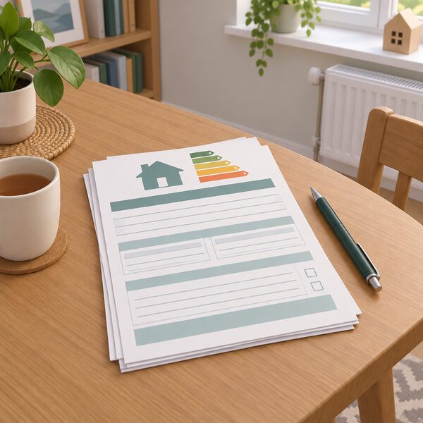 A homeowner's grant and loan application paperwork for a Scottish home energy scheme lying on a domestic table beside a pen, drawn as a physical document with its content shown only as blank lines and plain blocks.