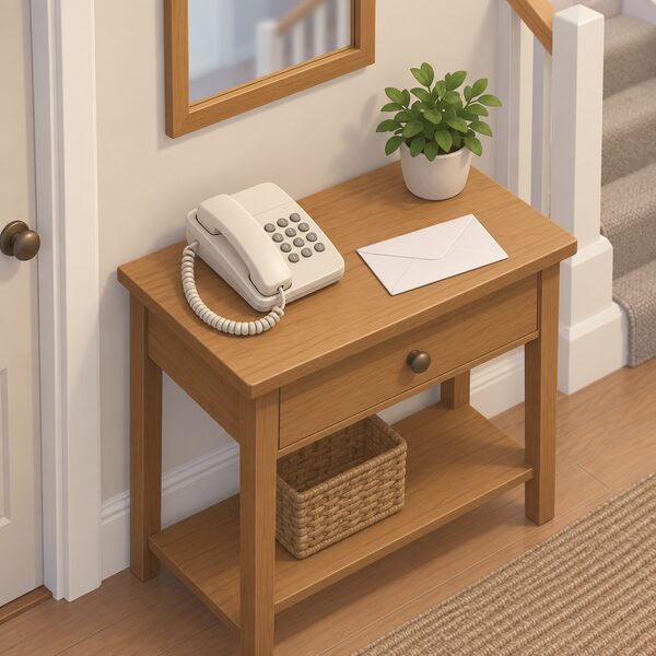 A home hallway with a wooden hall table holding a corded landline telephone with its handset resting on the base and a plain sealed letter lying beside it, drawn as a simple domestic still life with no people.