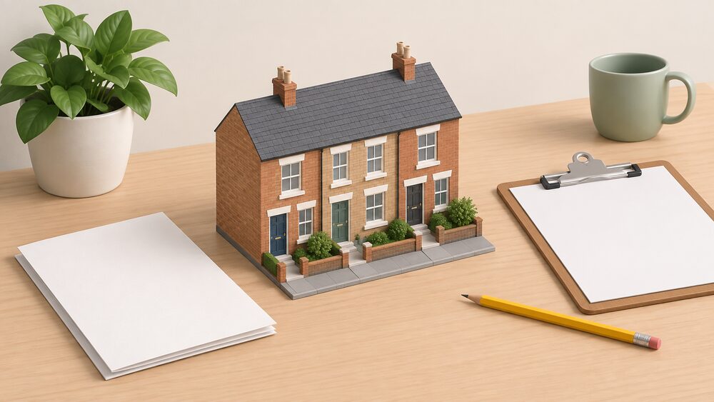 A small model of a mid-terrace house sits on a table beside a folded blank certificate document, a clipboard and a pencil, suggesting the moment a householder looks up their home's energy rating.