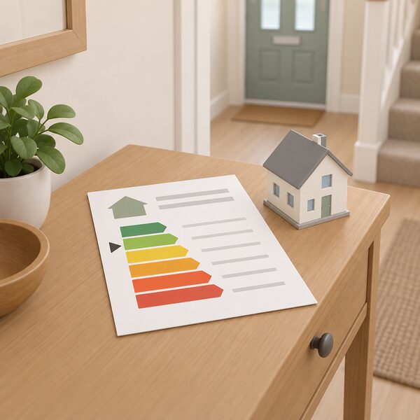 An EPC certificate document lying on a table in a home's hallway, drawn as a physical printed sheet with its rating band shown only as a plain colour band and blank lines, with a simplified house model beside it.