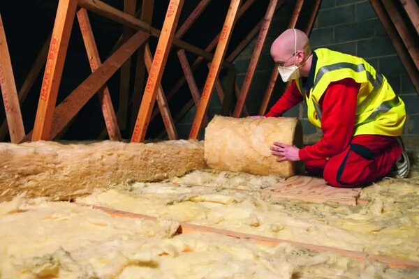 A worker in a hi-vis vest and dust mask unrolling a roll of mineral wool loft insulation between roof trusses in a loft