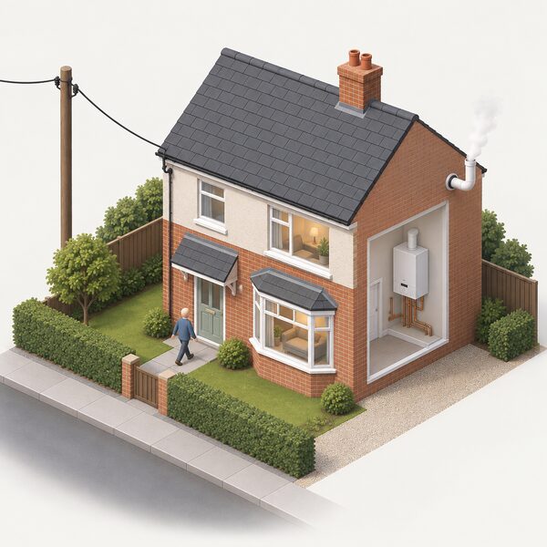 A small detached Band C home with a gas boiler flue on its rear wall, a visible electricity supply cable running from an overhead line to the house, and no solar panels or other generation on site, showing it still relies on imported gas and grid electricity.