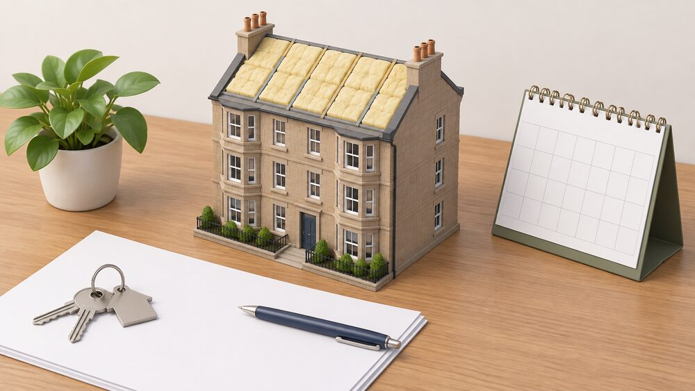 A small model of a Scottish tenement flat with thick insulation laid across its roof sits on a table beside blank paperwork, a set of keys, a calendar and a pen, suggesting a landlord preparing to bring a rented home up to standard.