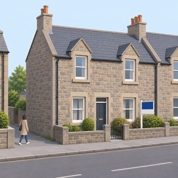 A simple Scottish tenement or cottage exterior shown as a domestic privately rented home, with a letting sign outside, drawn as an ordinary stone-built house in its street setting.