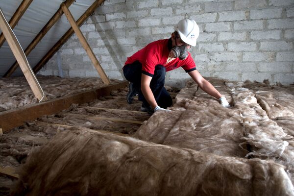 A worker in a hard hat and respirator installing mineral wool loft insulation in an attic