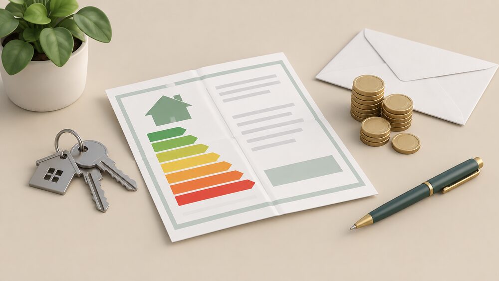 A folded energy performance certificate document lying on a table beside a set of house keys, a blank envelope, a pen and a small stack of coins, suggesting a landlord facing a penalty over a letting.