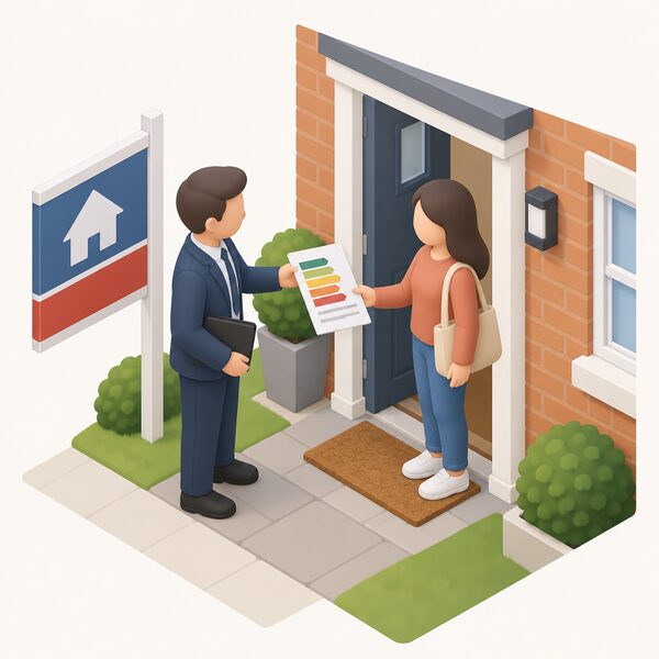 A simplified isometric letting agent or landlord handing a printed Energy Performance Certificate document, shown as a physical sheet with plain colour bands and blank lines, to a prospective tenant at the doorway of a rented home, with a letting advertisement board beside the door.