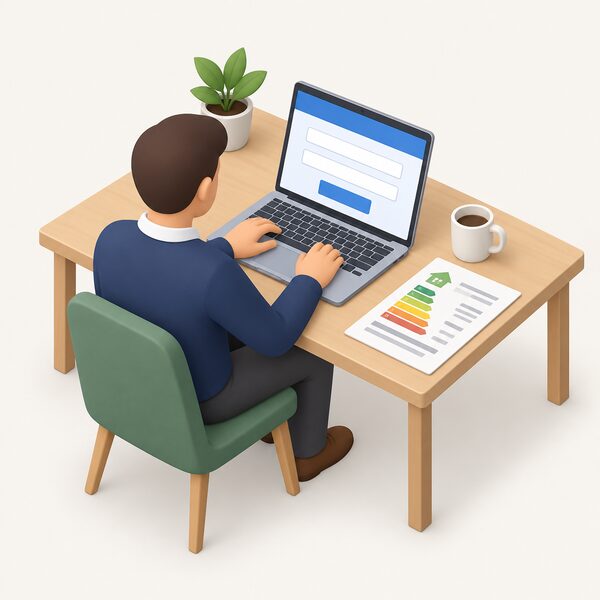 A simplified isometric landlord seated at a desk entering details on a laptop screen showing the national PRS Exemptions Register, with blank fields for the property address and a valid EPC, and a printed EPC certificate lying beside the laptop on the desk.