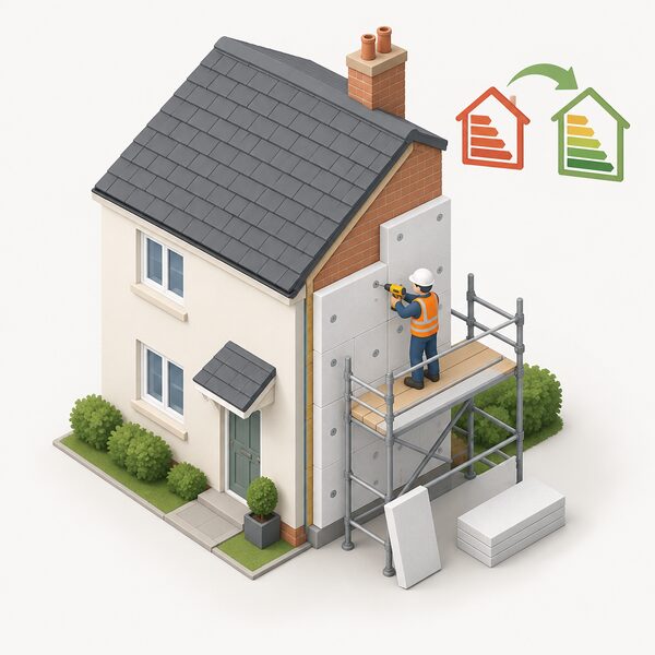A simplified isometric cutaway of a house wall with a small installer figure drilling fixings into the exterior while insulation boards are fitted to the outer face, showing the physical improvement work a landlord carries out to raise the property's energy rating.
