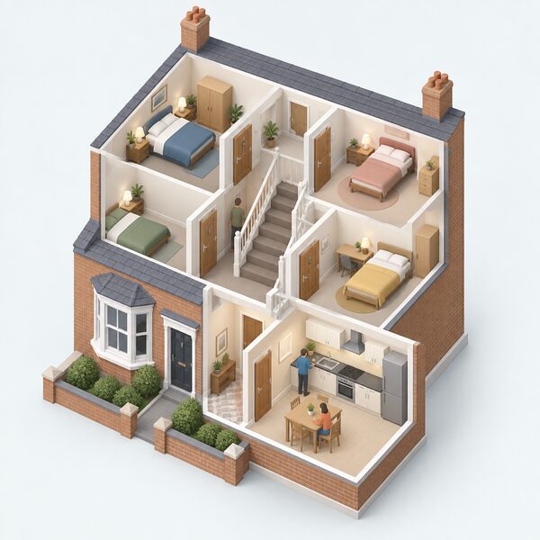 An isometric cutaway of a shared terraced house in multiple occupation, showing several let bedrooms each with its own door lock around a shared stair hall and kitchen, representing the whole domestic private rented property covered by the minimum standard.