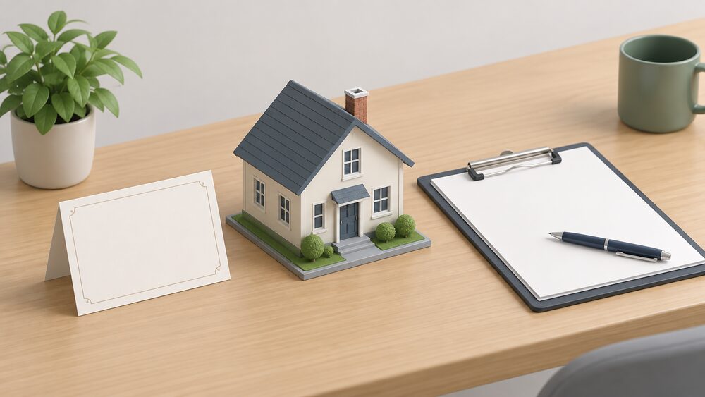 A small model house sits on a table beside a blank folded certificate document, a clipboard with blank paperwork and a pen, representing the certificate a home needs when it is sold or let.
