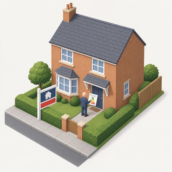 A typical UK house with a for sale sign planted in the front garden, and a small simplified isometric figure of an estate agent or owner at the front door holding a document representing the EPC being arranged at the moment the property is advertised.