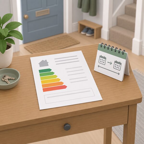 A printed energy performance certificate lying on a table in a home hallway, shown as a physical sheet with a coloured rating band and blank lines, with a simple calendar-style block beside it suggesting a ten-year validity period from the issue date.