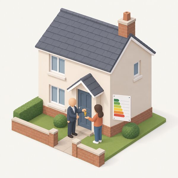 A small isometric rented house with a landlord figure at the front door handing keys to a tenant figure, and an EPC certificate shown as a physical sheet pinned near the door with only blank lines and plain colour bands, no readable text.