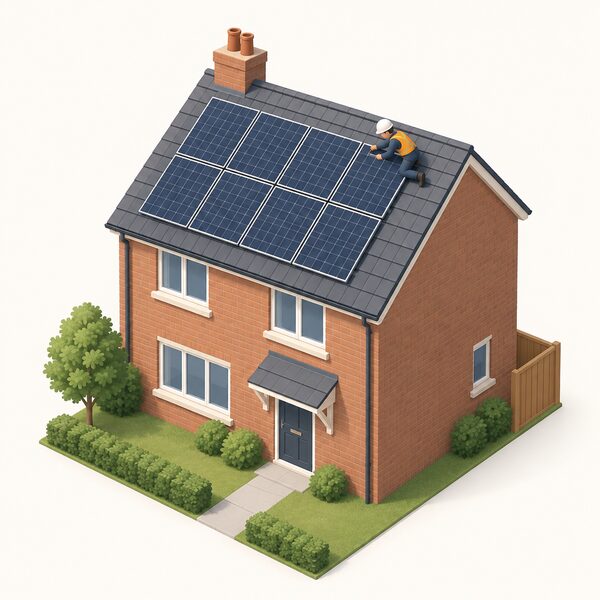 A simplified isometric view of a typical UK house with a row of solar panels fixed to its pitched roof, one small figure on the roof securing a panel, showing the low-carbon work the reformed rating should recognise.