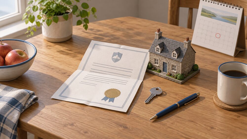 A folded paper certificate lying on a wooden kitchen table beside a small model of a stone Scottish house, a wall calendar showing a circled date, a house key and a pen, all lit by soft daylight from a nearby window.