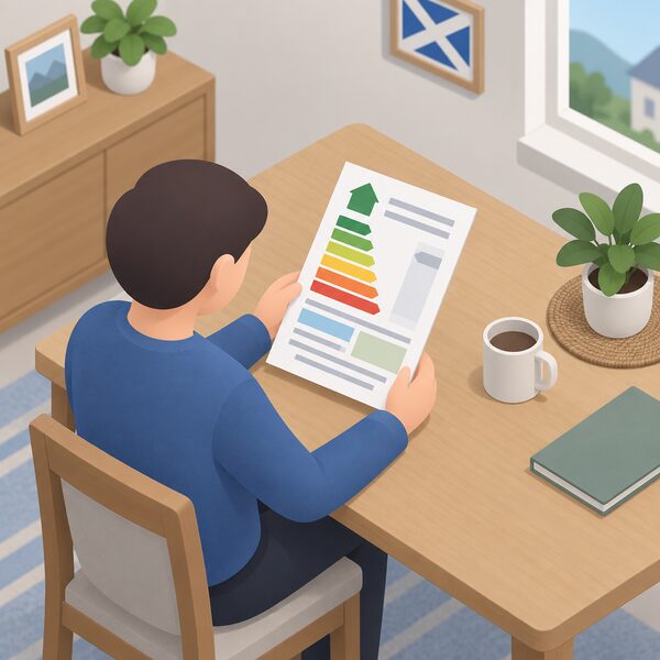 A redesigned domestic EPC certificate shown as a physical printed document lying on a table in a Scottish home, held or read by a simplified isometric homeowner figure, with its content rendered only as blank lines and plain colour bands so no words or figures are readable.