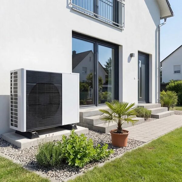 An air source heat pump unit installed outside a modern white house beside a patio