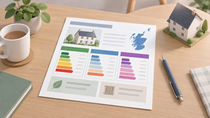 A reformed Scottish domestic EPC certificate lying flat on a table, drawn as a physical document with three separate rating panels for Energy Cost, Heat Retention and Heating System, each shown as a plain colour band with blank lines, plus simple blocks for emissions and heating system type.