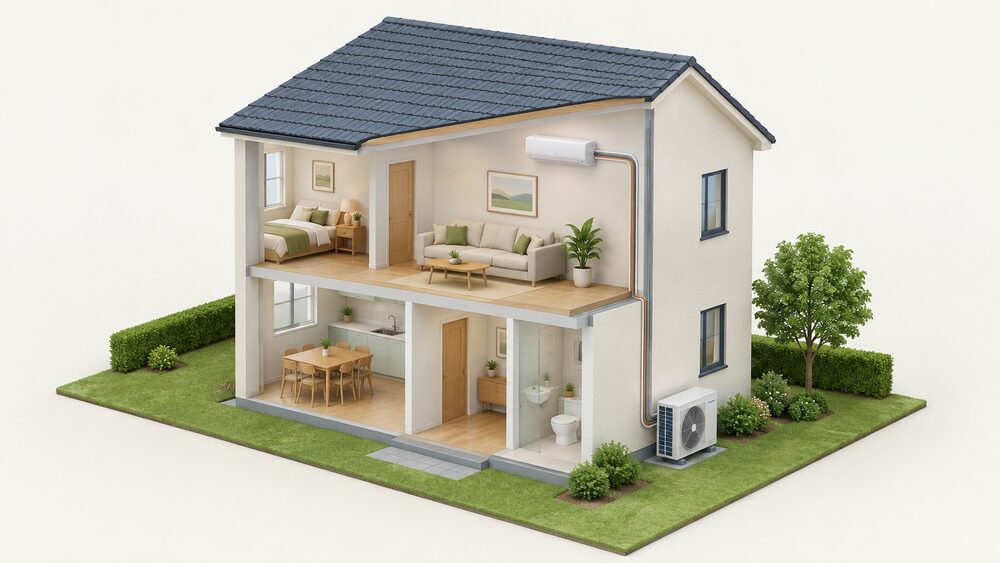 A cutaway of a house showing a single split air conditioning system: a slim indoor unit high on a living room wall, an outdoor fan unit standing on the ground outside the external wall, and the refrigerant pipework and wiring running between them through the wall.