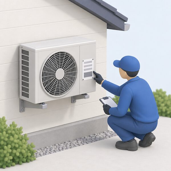 A small outdoor air conditioning unit mounted on an exterior house wall, with a simplified isometric figure of a certified handler crouched beside it reading the blank rating plate on the casing, content shown only as blank lines and plain blocks.
