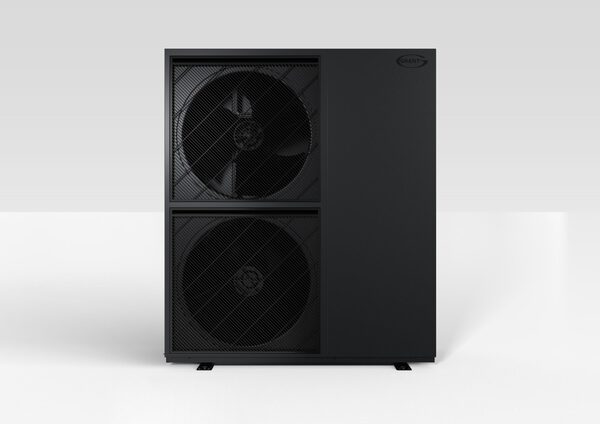 A black Grant Aerona 290 air source heat pump unit with two fans, shown in a studio product photo
