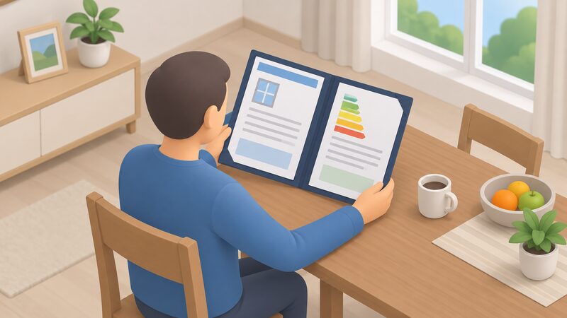 A homeowner at a table holds an open document folder containing a window installation compliance certificate and a product energy rating certificate, both shown as physical papers with blank lines and plain colour bands, in a home setting.