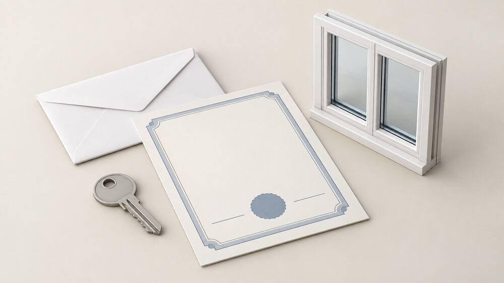 A small tabletop arrangement showing a blank certificate document beside a white envelope, a house key, and a miniature model of a replacement double-glazed window, representing the paperwork that arrives after certified glazing work.