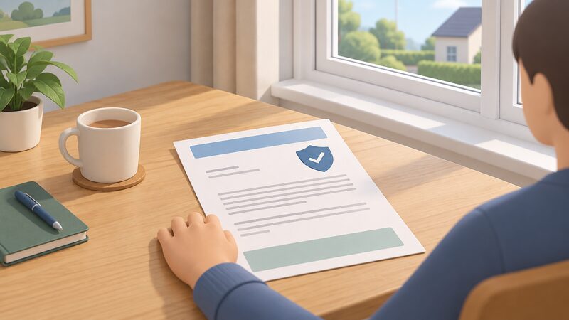 A printed insurance-backed guarantee letter lying on a table beside a domestic window, shown as a physical document with blank lines and plain colour bands instead of readable text, with a homeowner's hand resting on it.