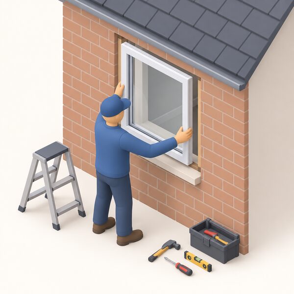 A window fitter in plain work clothes fitting a replacement window into an opening in the external wall of a house, with the old frame removed, the new frame positioned in the opening and hand tools nearby.