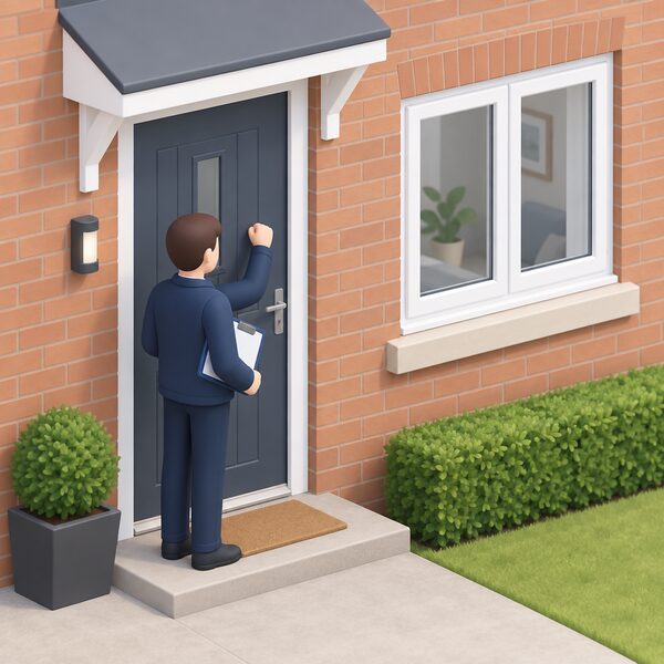 A Certass auditor standing at the front door of a house, knocking, holding a folder of installation details, with a recently completed replacement window visible on the house facade beside the door.