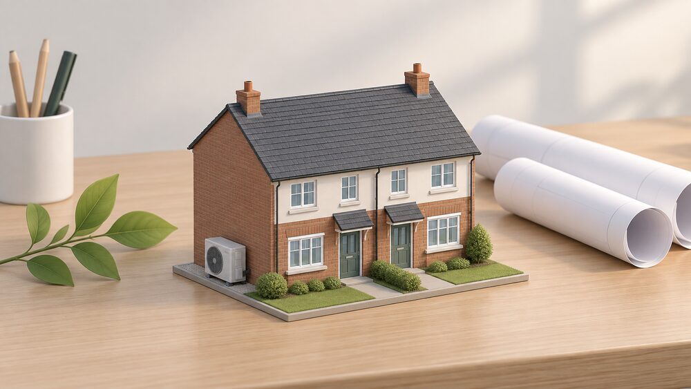 A small model of a semi-detached house with a tiny air source heat pump fan unit standing beside it on the ground, placed centrally on a plain desk beside blank rolled building plans and a small leaf-shaped plant sprig suggesting low carbon, with nothing written anywhere.