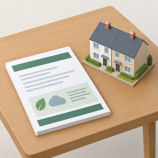 A plain official government document about home carbon dioxide emissions lying flat on a wooden table, its cover carrying only blank lines and plain colour bands, beside a small simplified isometric semi-detached house model.