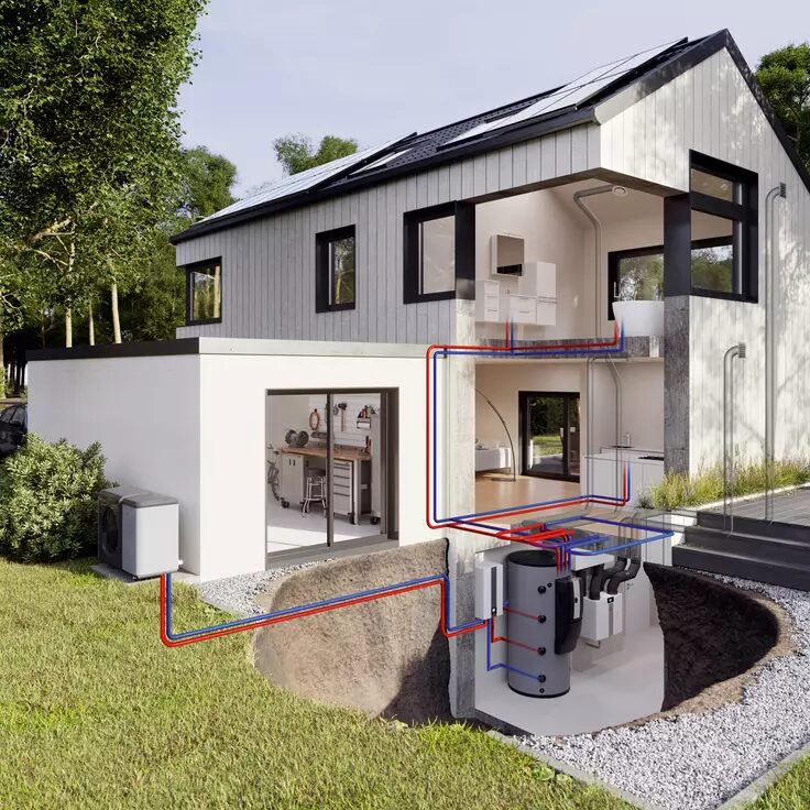 A cutaway illustration of a modern house showing a heat pump outside, solar panels on the roof, and a hot water cylinder and heating system in a basement, with coloured pipework running through the home