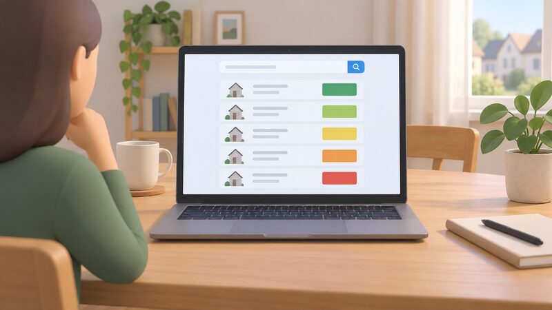 A laptop on a home table shows a postcode search results screen as a physical object, with a plain list of certificate entries for addresses on one street, each entry a simple block with blank lines and a plain colour band, no readable words or numbers.
