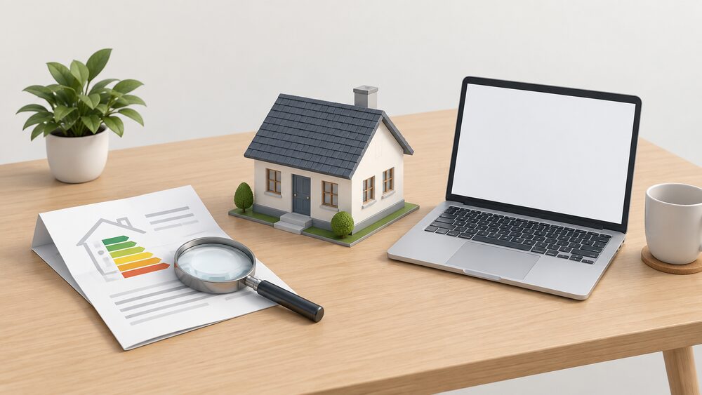 A small model of a house sits on a table beside a laptop with a blank screen and a folded certificate document, with a magnifying glass resting on the paperwork, suggesting a search for a property's energy certificate.