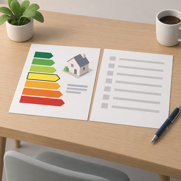 A printed EPC certificate sheet lying on a table, showing a vertical column of seven colour-banded rating bands from green to red with one band highlighted, and a second page beside it listing improvement measures as blank lines.