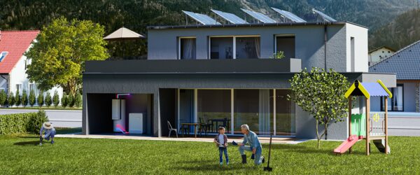 A rendered modern house with solar panels on the roof and a heat pump unit visible in the open garage, with a family in the garden