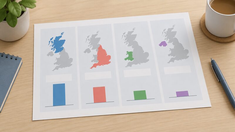 A printed comparison sheet laid flat showing four simplified outline maps of the UK nations side by side, each nation shaded as a plain colour region with a blank label block and a simple bar beneath it whose height differs between the four panels to suggest their differing thresholds.