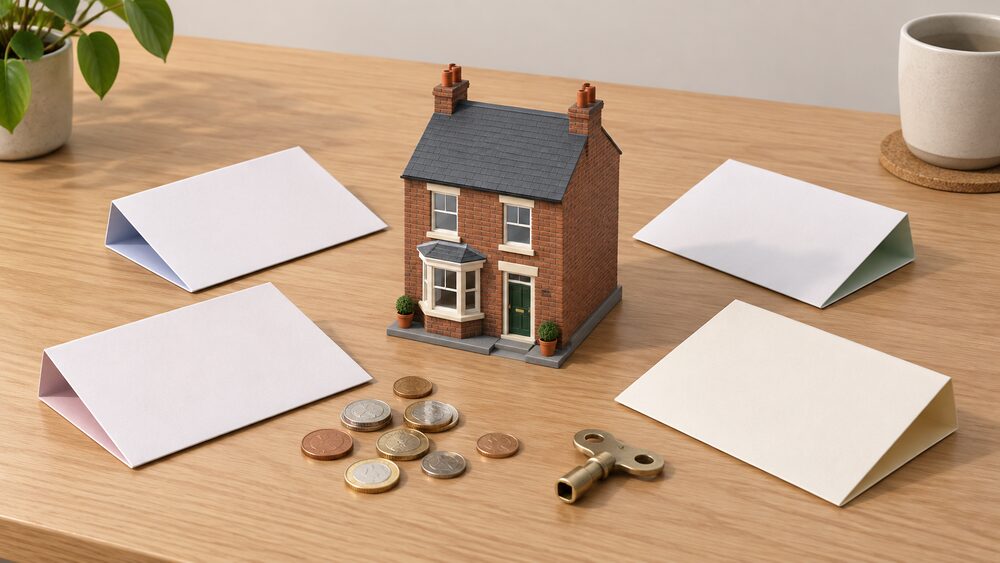 A small model of a terraced house sits centrally on a wooden table, surrounded by four blank folded documents, one from each UK nation, with a scatter of coins beside them and a radiator key resting nearby.
