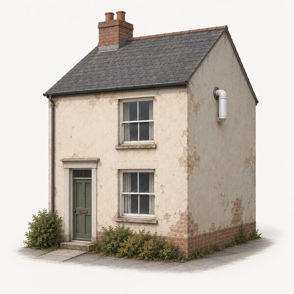 A simple ordinary older UK house exterior shown as a plain cutaway-free illustration, with a solid-wall or ageing facade, an older single-glazed window and a small external wall-mounted boiler flue, conveying a home of low energy efficiency without any rating label or chart.