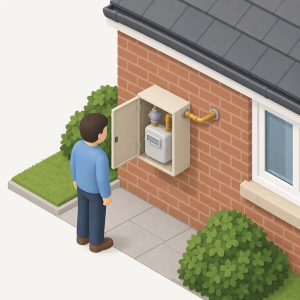A domestic gas meter in its housing box mounted on the outside brick wall of a simple home, with the inlet pipe entering the wall and a small isometric figure standing beside it reading the meter display.