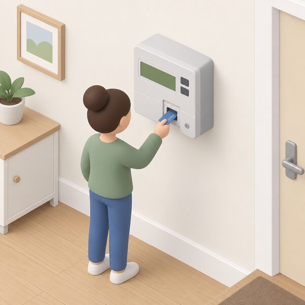 A modern prepayment electricity meter mounted on a wall in a UK home, shown as a plain isometric scene with a small simplified figure inserting a key or card into the meter slot, with the meter's display shown only as blank colour blocks so no figures are readable.